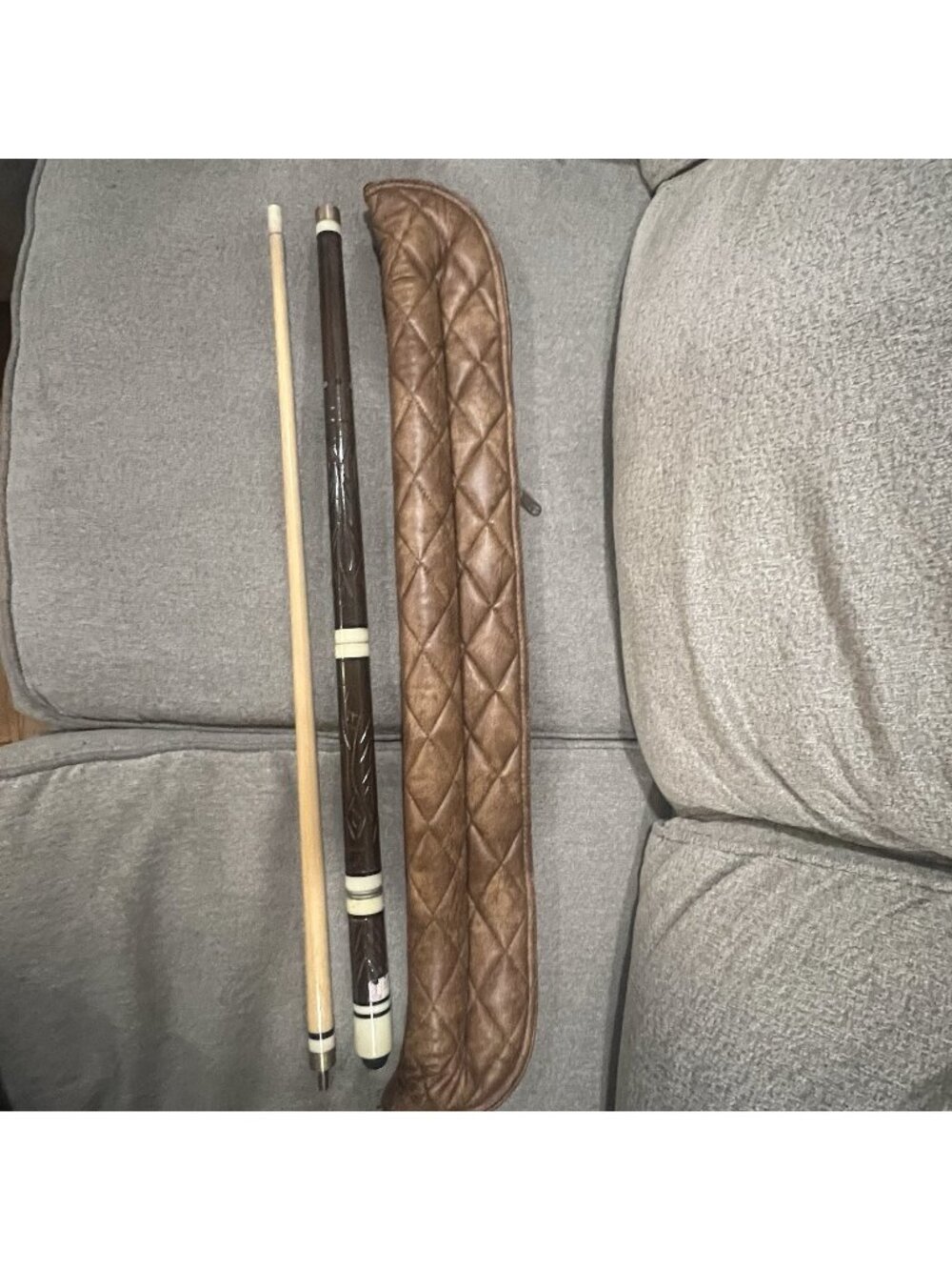 Vintage Crystal Pool Cue 57” 2 Piece Billiards Stick w Case Carved Brown